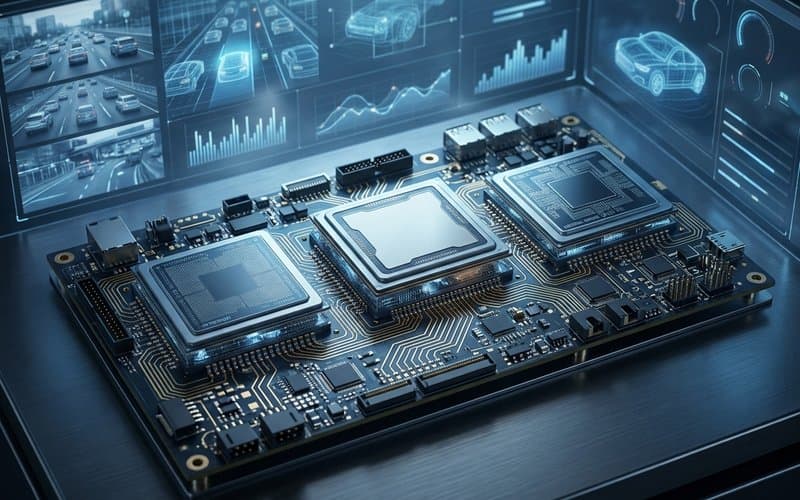 Trzy układy SoC na płytce PCB wideorejestratora samochodowego, w tle podgląd obrazu z kamer i danych z ADAS